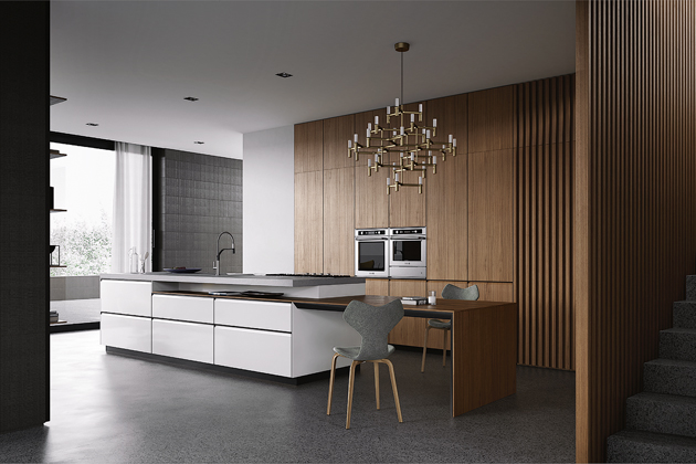 M6, ostrůvkov&aacute; kuchyň s&nbsp;leskl&yacute;mi lakovan&yacute;mi povrchy, s&nbsp;vložen&yacute;m j&iacute;deln&iacute;m stolem a&nbsp;prvky z&nbsp;př&iacute;rodn&iacute; dřevěn&eacute; d&yacute;hy