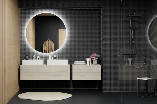 Umyvadlová skříňka, MODULE 140, 2×umyvadlo Kube 60, doplňková skříňka pod desku 80, odkládací deska 80, zrcadlo LUNEO 120