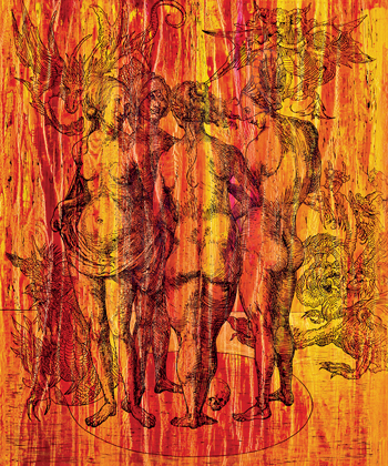Hommage an Durer Hexen u Teufel Lino Frottage rot