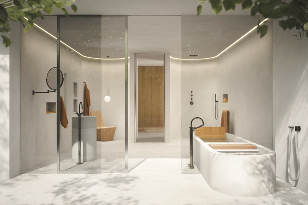 Koupelna vybaven&aacute; produkty ikonick&eacute; s&eacute;rie Tara (Dornbracht), design Sieger Design, povrchov&aacute; &uacute;prava platina matn&aacute; tmav&aacute;, volně stoj&iacute;c&iacute; vanov&aacute; baterie včetně ručn&iacute; sprchy, orientačn&iacute; cena 235&nbsp;000 Kč